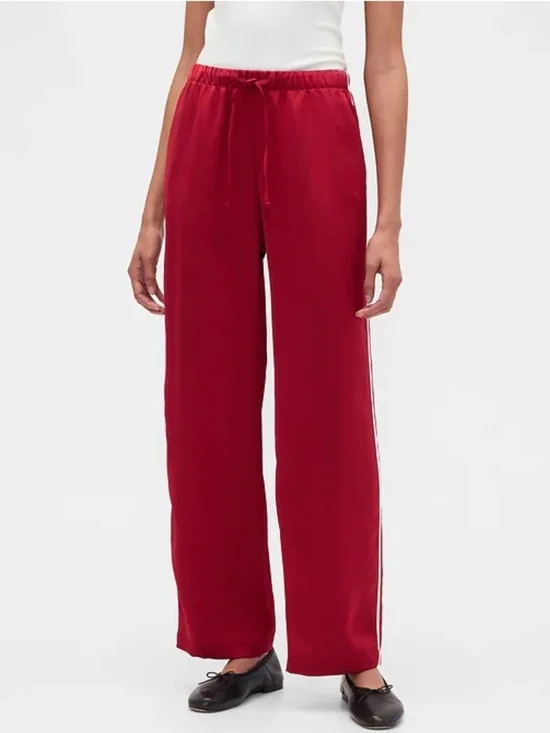 GAP Red Satin Wide-Leg Track Pants with Side Stripes TALL - Picture 3 of 4
